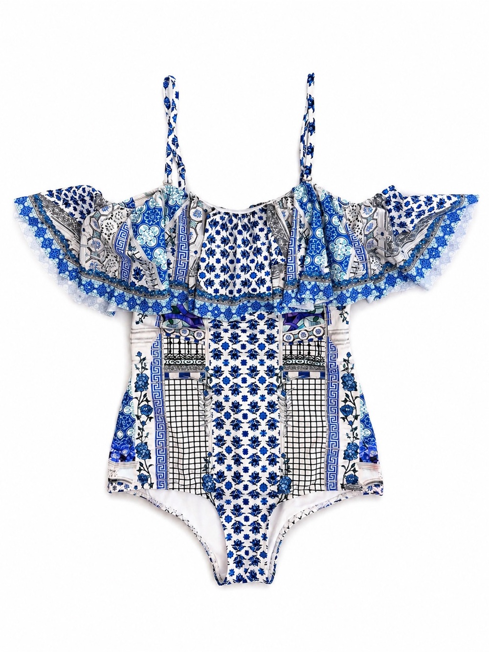 Camilla Blue and White Off-Shoulder One-Piece Swimsuit
